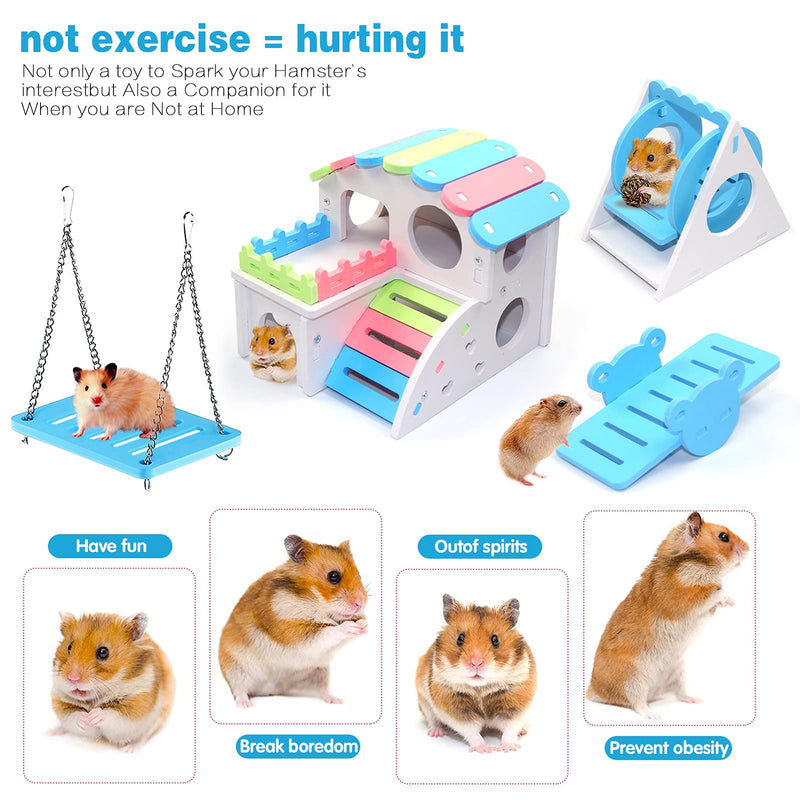 JUNBEI 4 Pcs Hamster Toys, Wooden Hamster House, Triangle Swing & Hanging Swing & Seesaw, Climb and Play Toy, Boredom Breaker Activity Toy, DIY Hamster Cage Accessories for Small Pets blue - PawsPlanet Australia