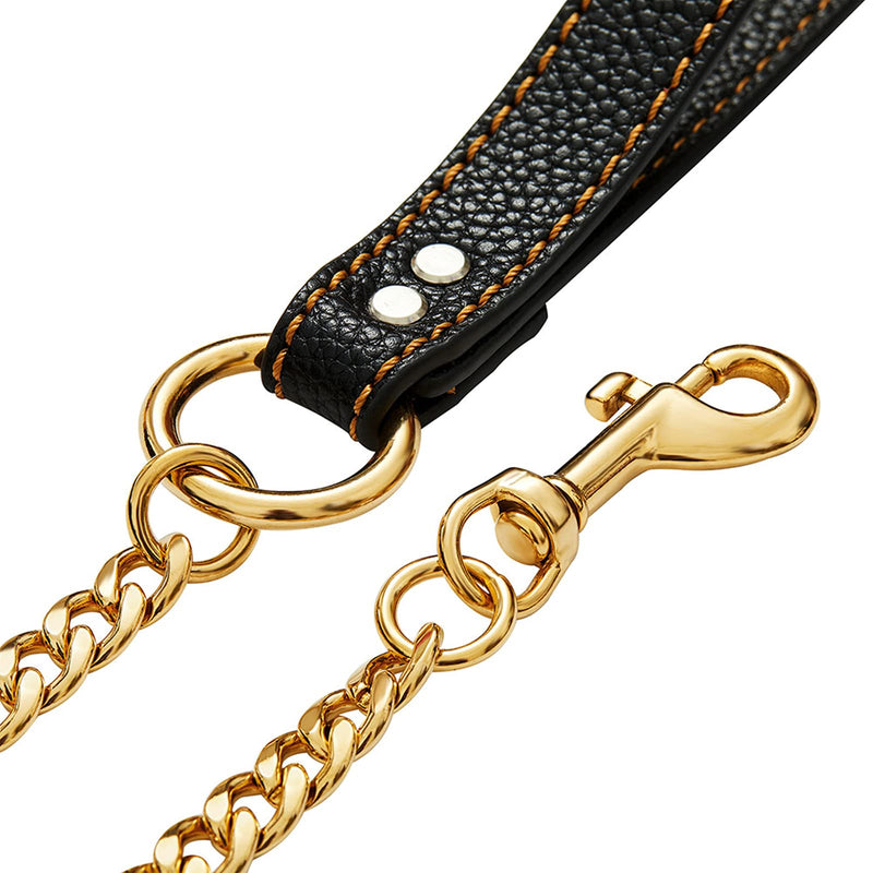 Strong Stainless Steel Gold Chain Dog Leash,with Leather Handle,12mm Width 18K Gold Plated NK Link Chain Leash,Metal Leash for Small Medium & Large Dogs 3ft (36 inch) - PawsPlanet Australia