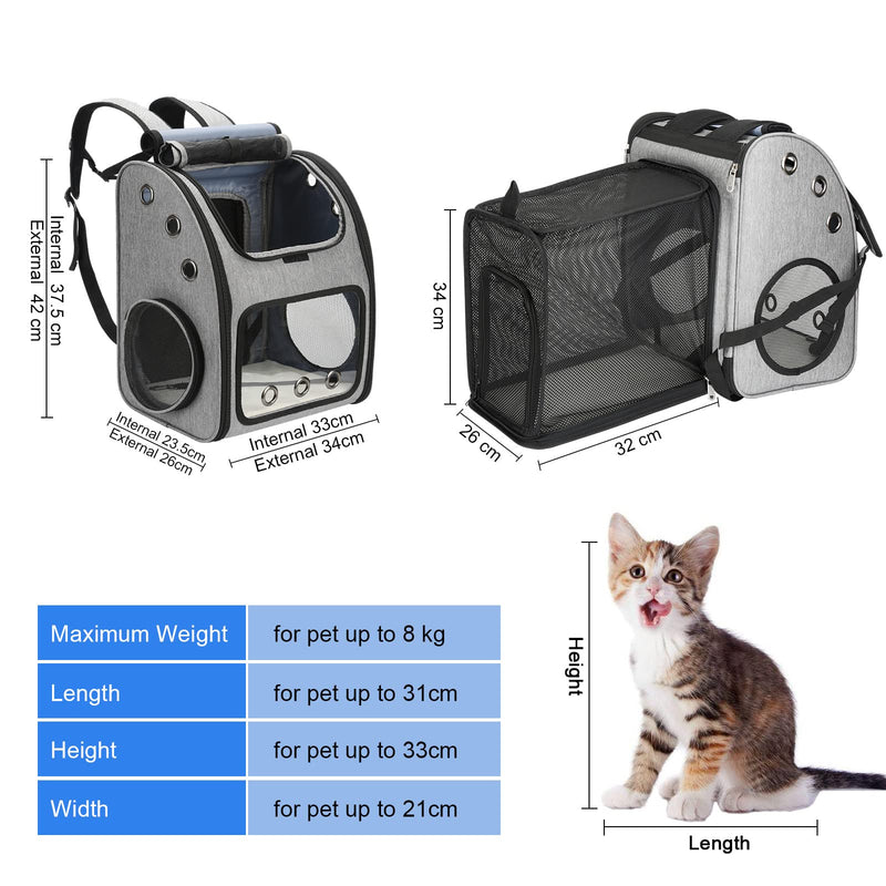 FASRIOU Expandable Pet Carrier Backpack for Cats, Dogs and Small Animals, Portable Pet Travel Carrier, Super Ventilated Design, Airline Approved, Ideal for Traveling/Hiking /Camping, Grey - PawsPlanet Australia