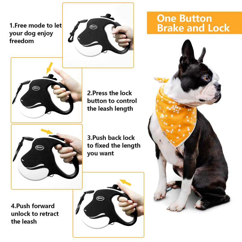 [Australia] - QiMH Retractable Dog Leash, 360° Tangle-Free Heavy Duty 16ft Reflective Walking Dog Leash Ribbon with Anti-Slip Handle for Medium and Large Dogs Up to 110lbs, One-Handed Brake, Pause and Lock Black & White 