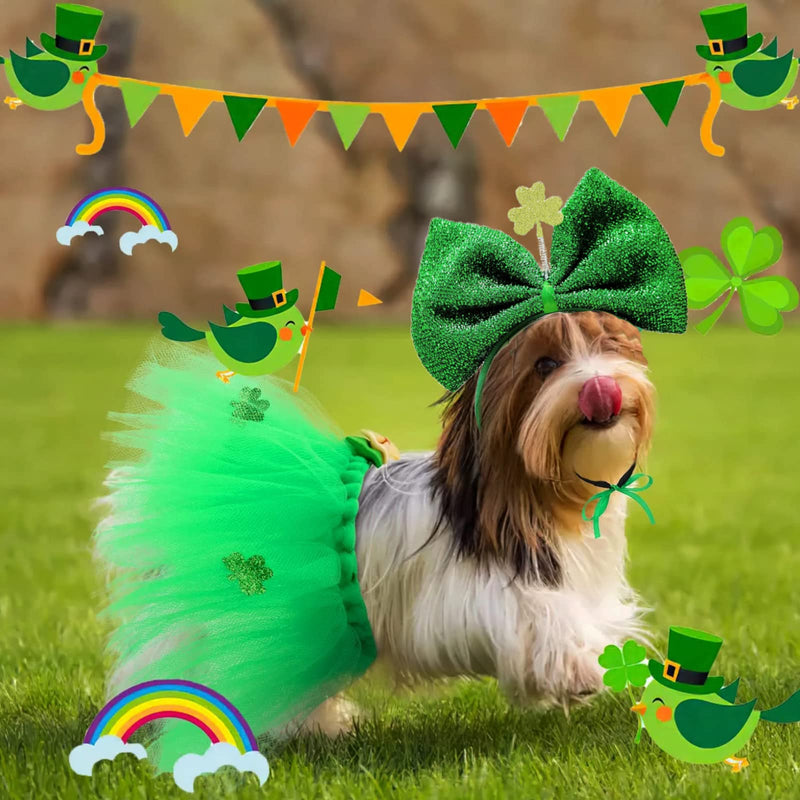 St Patrick's Day Costume 2 Pieces Dog Tulle Tutu Skirt Bowknot Hair Hoop with Shiny Shamrock, Green Irish Lace Dress Cute Headband Holiday Clothes for Medium Large Girl Dogs Cat Parties Decoration Bowtie - PawsPlanet Australia