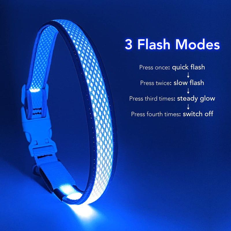 Bpawser Light Up Dog Collars LED Dog Collar Rechargeable Adjustable Size MESH Webbing Glow Collar for Large Medium Dogs Medium[13.39-19.69 inch/34-50 cm] Blue - PawsPlanet Australia