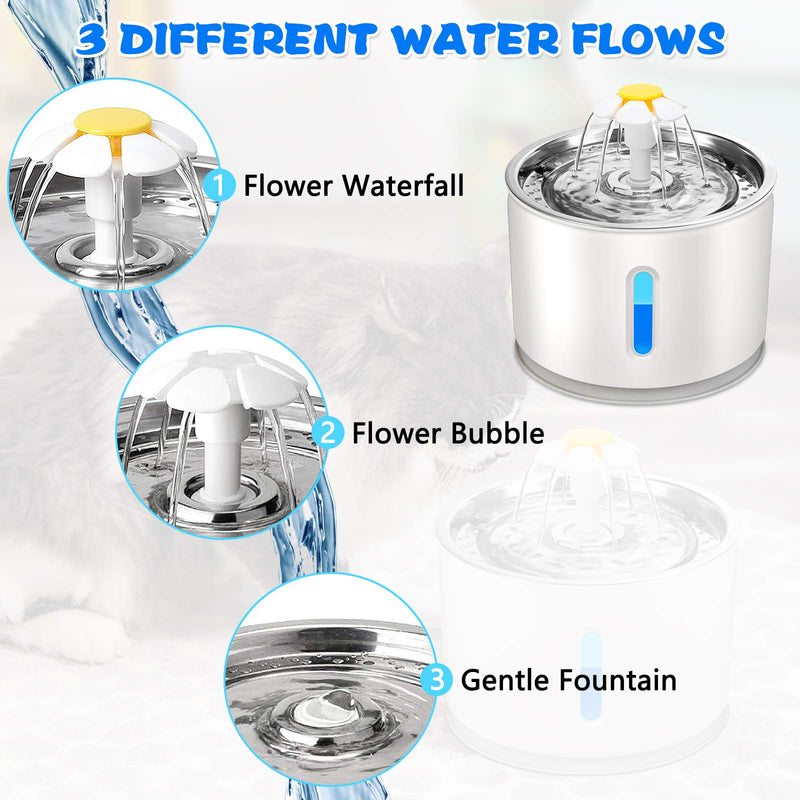 Plartree Cat Water Fountain, 2.4L Cat Water Fountain Stainless Steel, Silent Automatic Water Dispenser with Night Light and 3 Carbon Filter and LED Water Level Window,Waterfall Flower Style Fountain - PawsPlanet Australia