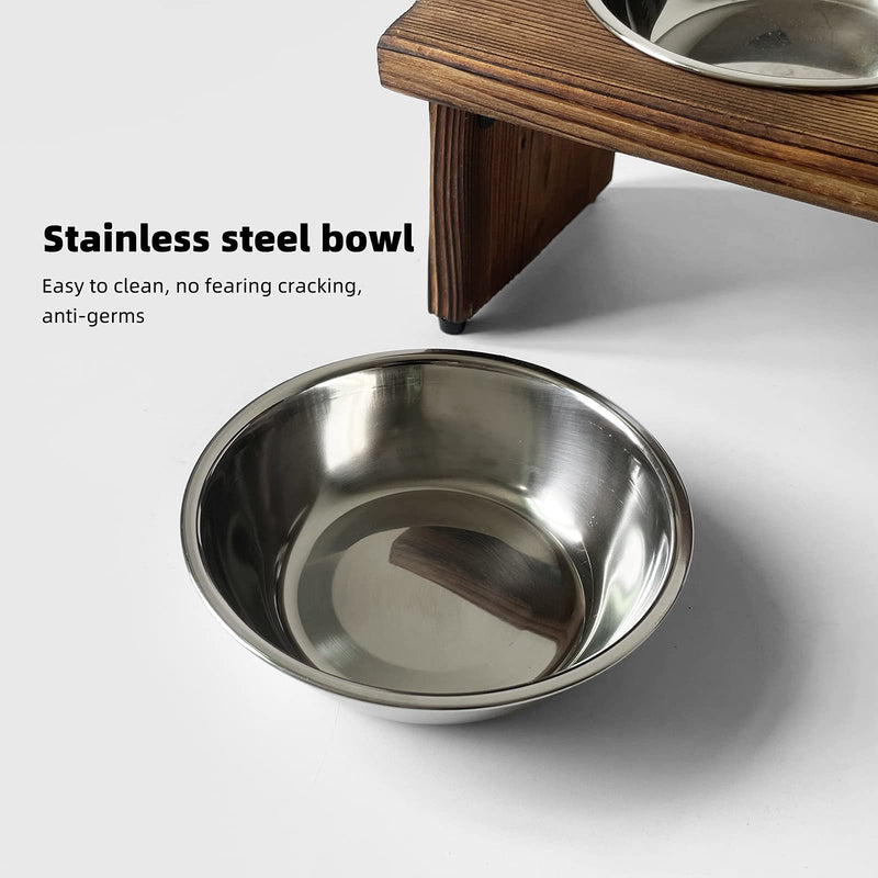 Raised Tilted Cat Bowl, Elevated Slanted Feeding Bowl for Cat and Dogs, Pet Food and Water Bowl with Adjustable Wooden Stand, Anti Slip Dog Cat Feeder with 2 Stainless Steel Bowls - PawsPlanet Australia
