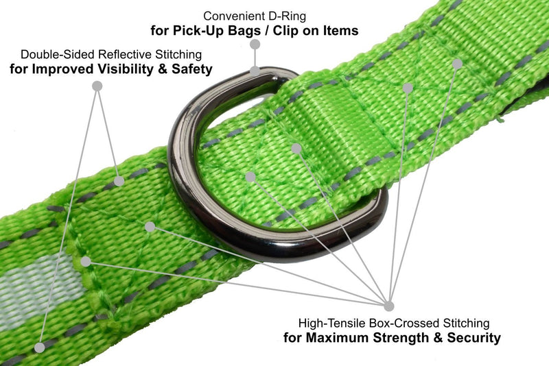 GoDoggie Reflective Dog Lead, Improved Dog Visibility & Safety, Reflective Stitching & Strips, Foam-Padded Comfy Handle, D-Ring, Premium Quality Components, Lifetime Guarantee, GREEN LARGE - PawsPlanet Australia