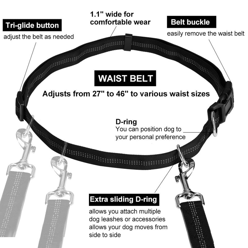 [Australia] - LANNEY Hands Free Dog Leash for Running Walking Training Hiking, Dual-Handle Reflective Bungee, Poop Bag Dispenser Pouch, Adjustable Waist Belt, Shock Absorbing, Ideal for Medium to Large Dogs Black / Teal 