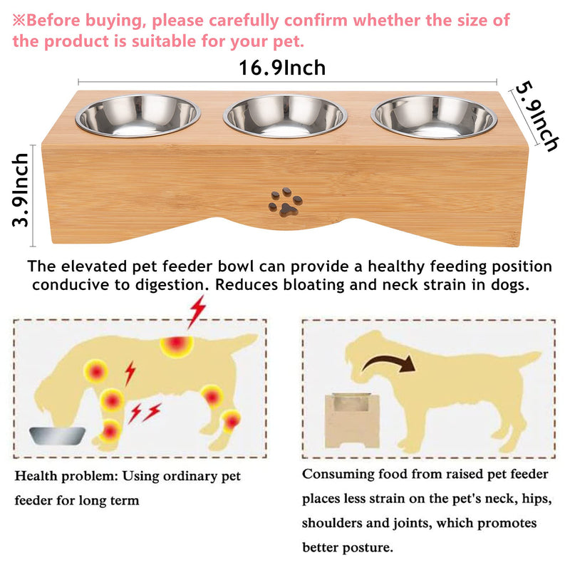 JAZUIHA Multiple Cat Elevated Bowls Stainless Dog Bowl with Bamboo Stand Pet Food and Water Feeder with 3 Bowls No Spill Perfect for Cats and Small Dogs - PawsPlanet Australia