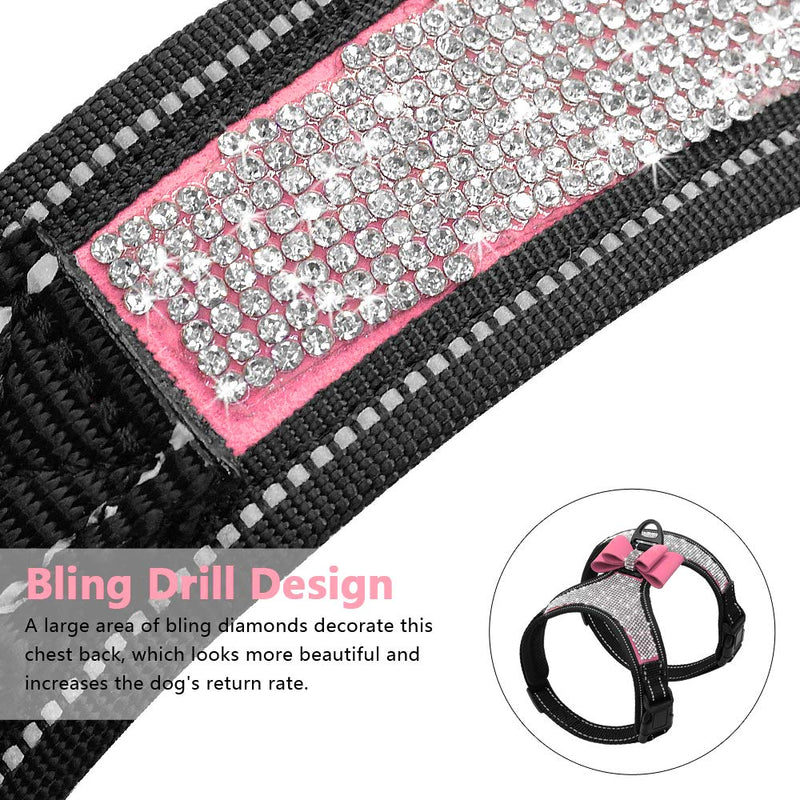 [Australia] - Beirui Rhinestone Dog Harness - No Pull Reflective Bling Nylon Dog Vest with Sparkly Bow Tie for Small Medium Large Dogs Walking Party Wedding,Black,Pink,S,M,L S:Neck 11.5",Chest 13" Pink 