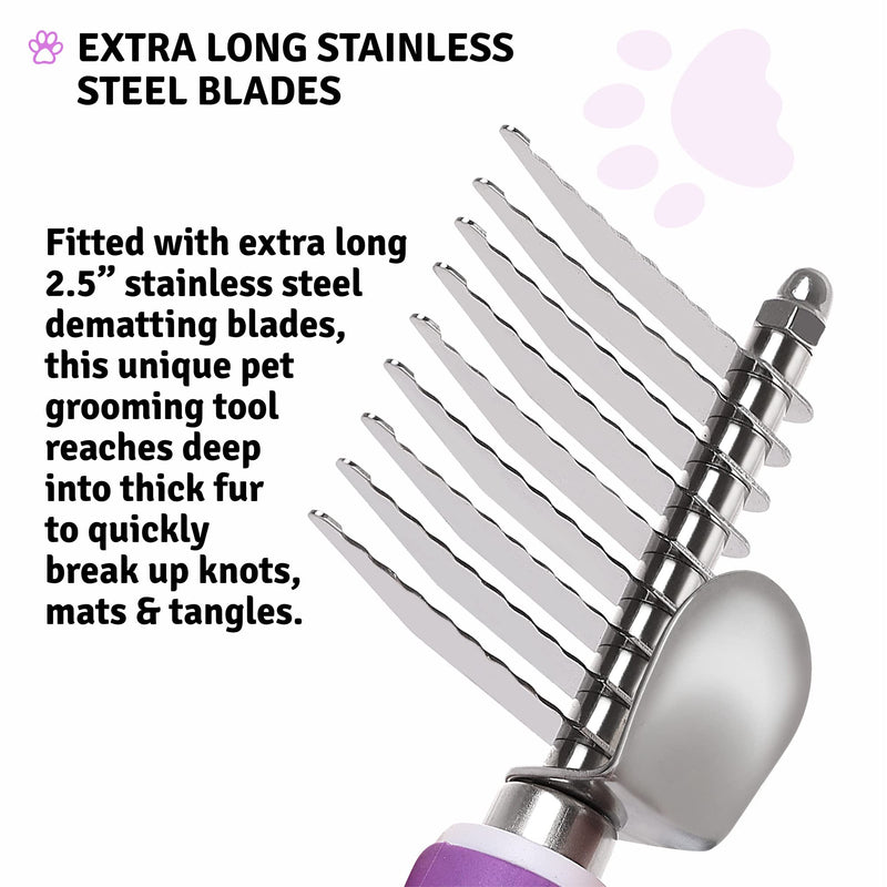 Poodle Pet Dematting Fur Rake Comb Brush Tool with Long 2.5” Steel Safety Blades for Detangling Matted or Knotted Undercoat Hair, Safe Grooming Accessories for Dogs, Longhaired Cats, Rabbits, Horses - PawsPlanet Australia