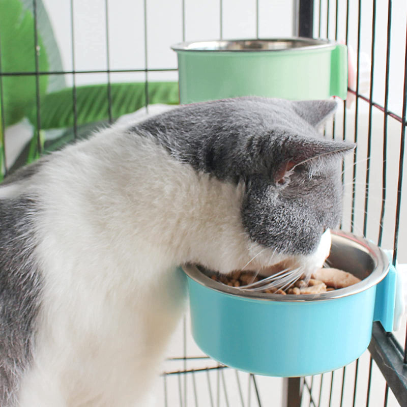 Crate Dog Bowl 2 Pack Removable Stainless Steel Kennel Water Food Feeder Bowls Hanging Cage Coop Cup for Small Dogs Cat Puppy Bird Pets Rabbit Green&Blue - PawsPlanet Australia