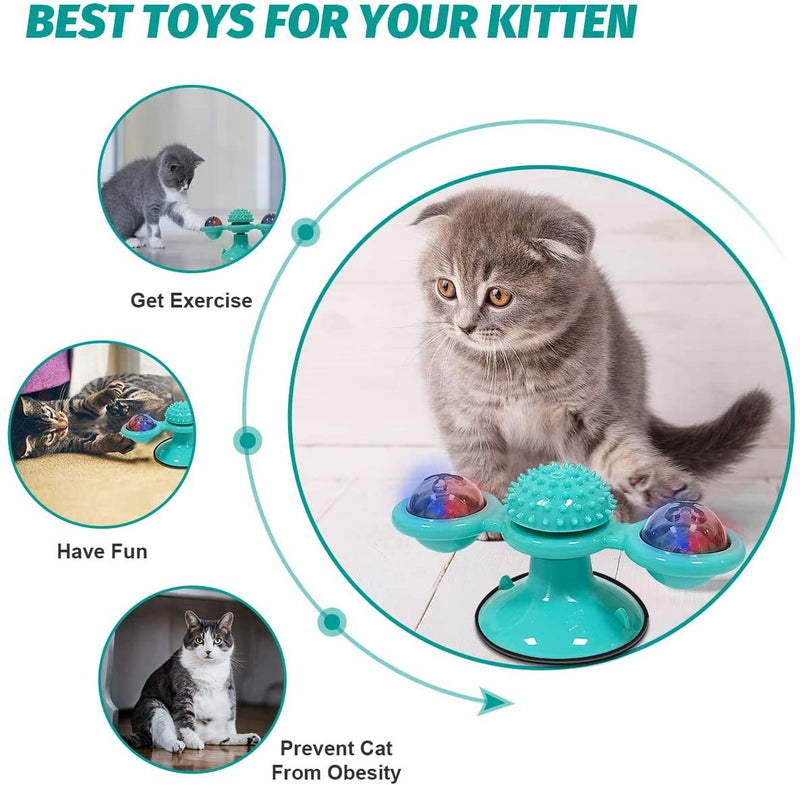 [Australia] - Windmill Cat Toy, Interactive Toys for Indoor Cats, Catnip Toys with Suction Cup LED Light Ball, Kitten Toys Durable Toothbrush Chew Toys Blue 