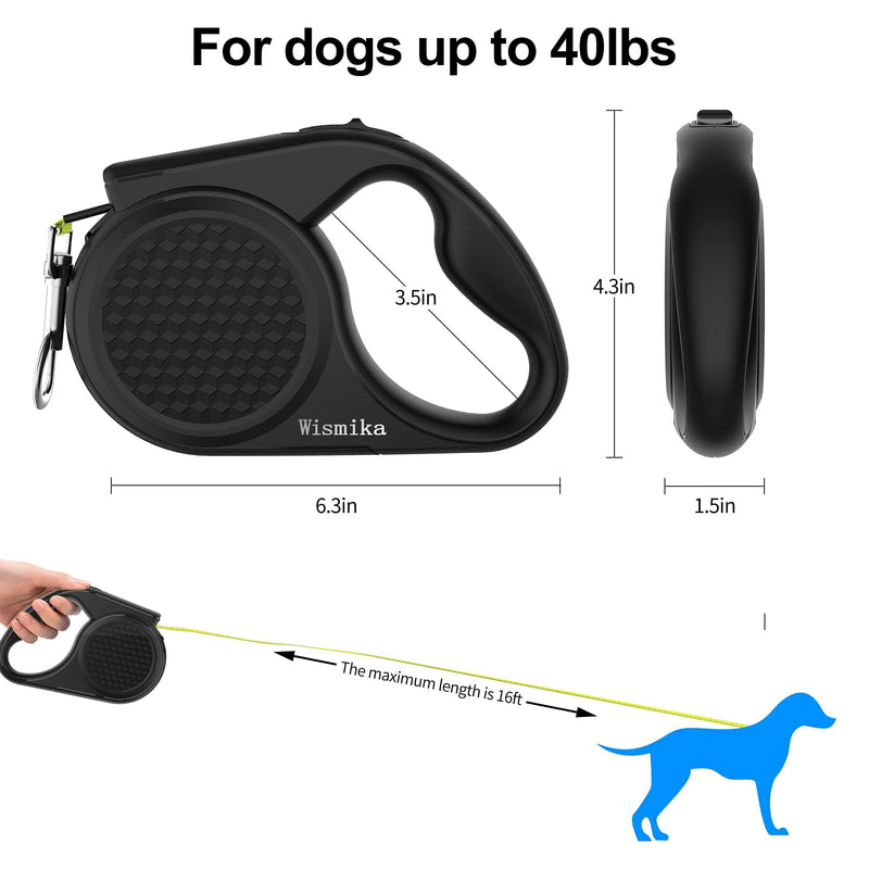 Wismika Retractable Dog Leash, 16 ft Reflective Dog Walking Leash with Anti-Slip Handle for Medium/Small Dogs Cats up to 55lbs, 360° Tangle Free, One Button Break & Lock, Black - PawsPlanet Australia