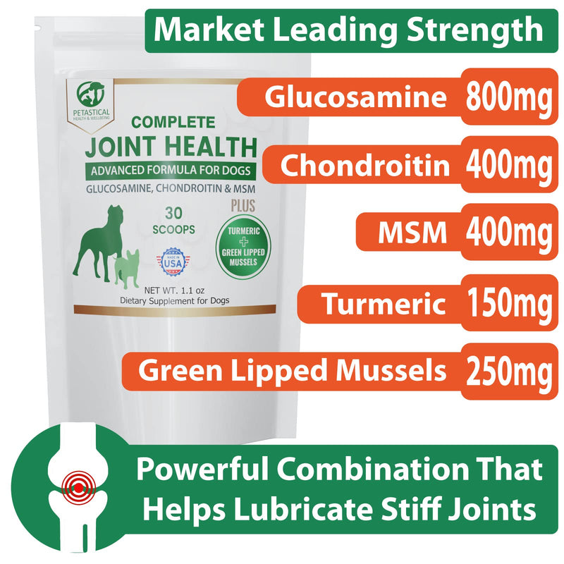 Petastical Joint Supplements for Dogs, 800mg Glucosamine, 400mg Chondroitin, 400mg MSM with Added Turmeric and Green Lipped Mussels (30 Scoop) 30 Scoop - PawsPlanet Australia