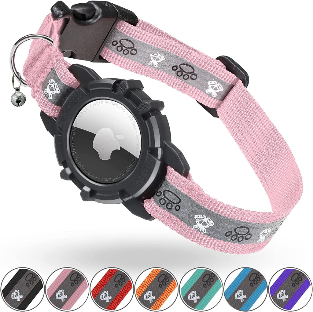 AirTag Cat Collar, Jiarui Reflective Air Tag Cat Collar, GPS Cat Collar with Adjustable and Bell, Integrated Apple Air Tag Cat Collar, Suitable for Cats Puppies[Pink][S] 9-13 Inch(23-33cm) Pink - PawsPlanet Australia