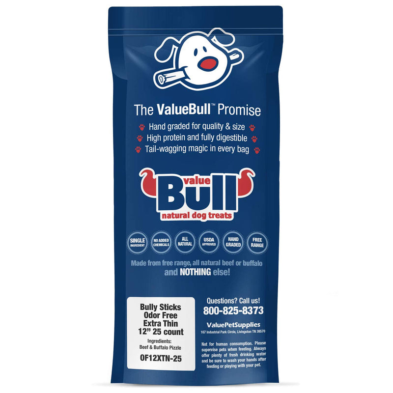 [Australia] - ValueBull Bully Sticks, Extra Thin 12 Inch, Low Odor, 25 Count - All Natural Dog Treats, 100% Beef Pizzles, Rawhide Alternative 