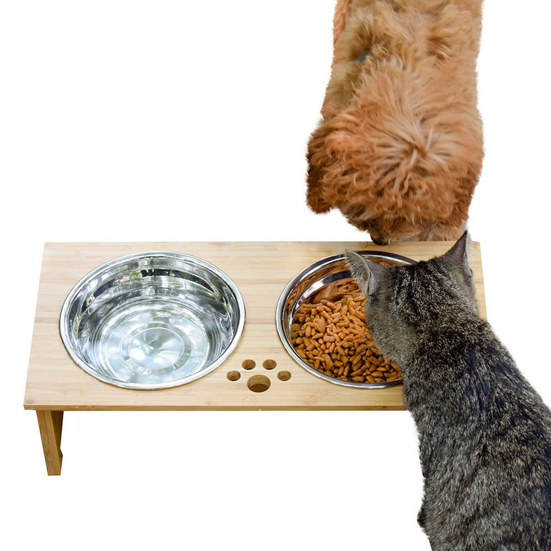 [Australia] - FOREYY Raised Pet Bowls for Cats and Dogs, Bamboo Elevated Dog Cat Food and Water Bowls Stand Feeder with 2 Stainless Steel Bowls and Anti Slip Feet 4'' Tall-20 oz bowl 