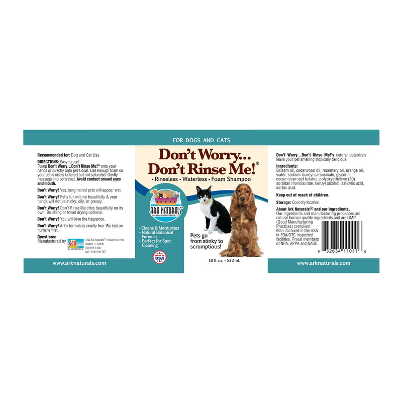 [Australia] - Ark Naturals Don't Worry Don't Rinse Me, Waterless No Rinse Shampoo for Dogs and Cats, Freshens and Removes Odors, 16oz Bottle 