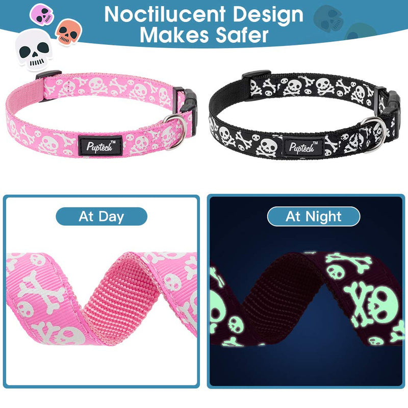 PUPTECK Halloween Skull Pattern Dog Collar 2 Pack (Pink&Black) for Small Medium and Large Dogs - Glow in the Dark - Adjustable Pet Collars with Luminous Design - PawsPlanet Australia