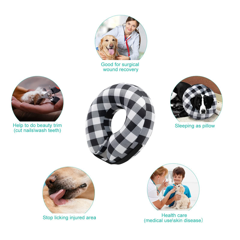 CuteBone Protective Inflatable Collar with 2-Pack Soft Pet Recovery Cone Covers for Small/Medium/Large Dogs and Cats After Surgery Black white plaid+Blue Large - PawsPlanet Australia