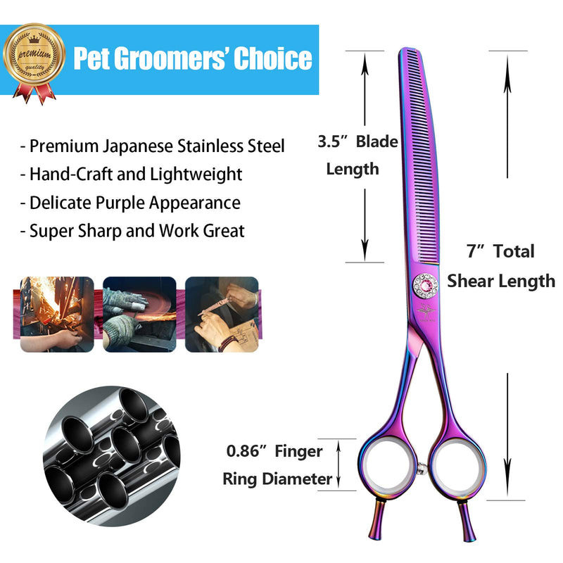 7 Inch Downward Curved Dog Grooming Scissors Thinning Texturizing Shears Professional Safety Blunt Tip Trimming Shearing for Dogs Cats Face Paws Limbs Japanese Stainless Steel Purple, Yellow - PawsPlanet Australia