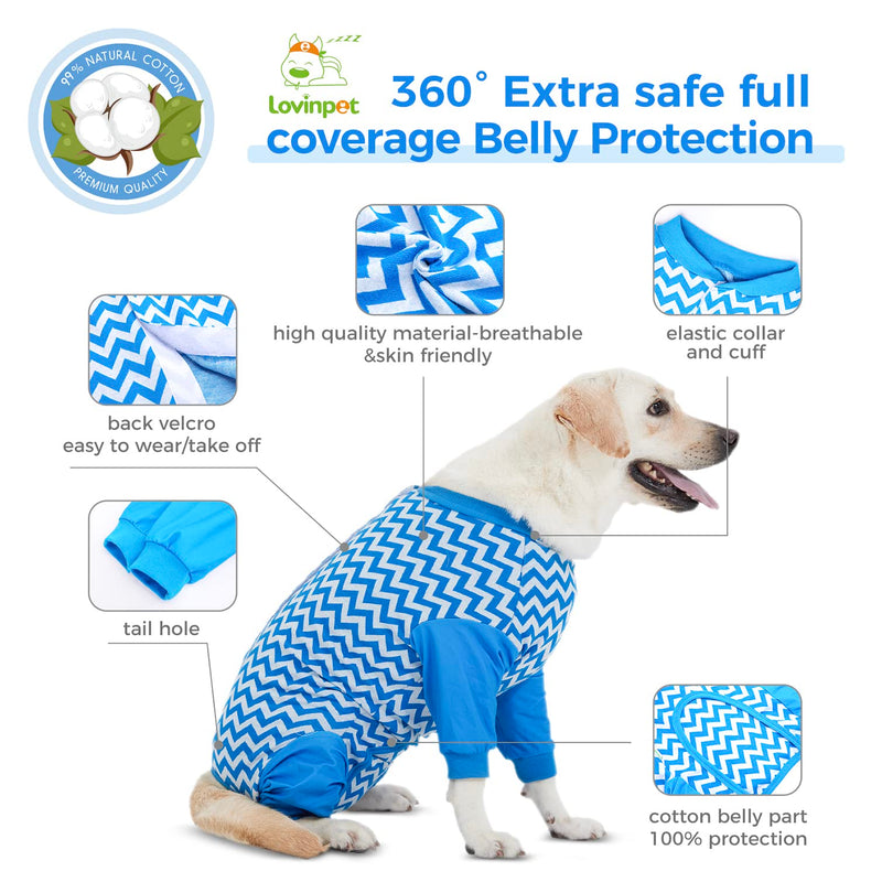 LovinPet Dog Recovery Suit - Dog Bodysuit for Abdominal Wound After Surgery Leg wrap,Wavy Blue,Post-Operative Vest E-Collar Alternative Recovery Shirt Cut-Out Design of Abdomen,L Large Blue collar/Blue - PawsPlanet Australia