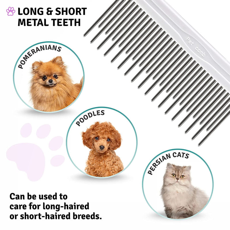 Detangling stainless steel pet comb with long and short teeth for removing matted fur, knots and tangles - detangler tool accessory for safe and gentle DIY grooming for dogs and cats - PawsPlanet Australia
