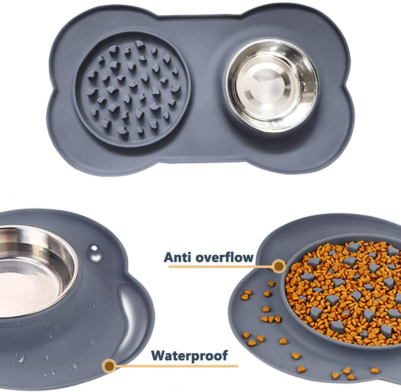 Slow Feeder Pet Dog Bowl, Anti-Choke Puppy Food and Water Feeder, Eco-Friendly Silicone Mat Stainless Steel Water Bowl, Healthy Lifestyle for Dog Cat and Pet Grey - PawsPlanet Australia