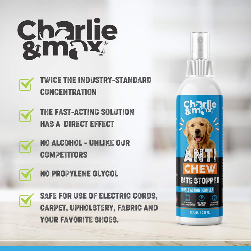 Charlie & Max Anti-Chew Bite Stopper - Fast-Acting Chew Deterrent Spray for Dogs, Cats, Other Small Pets, Chewing & Biting Repellent, Pet-Safe Formula, Non-Toxic, 8 Oz. - PawsPlanet Australia