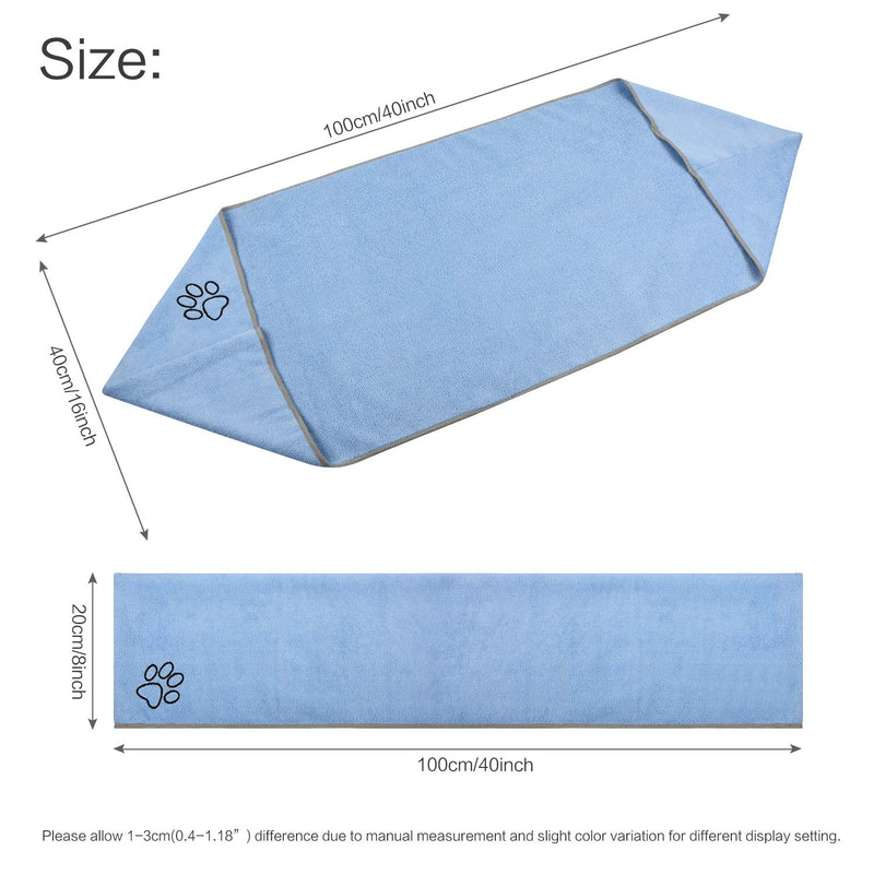 [Australia] - SINLAND Microfiber Pets Bath Towels Fast Drying Absorbent Towelettes for Dogs Cats Large Shower Embroidered Grooming Cleaning Blanket Cloths Paw Print 16 Inch X 40 Inch Light Blue 