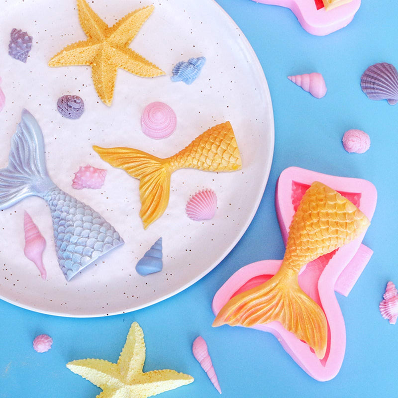 Marine Theme Fudge Silicone Mold,Shell,Conch,Mermaid Tail,Seahorse,Starfish,Baby Turtle,DIY Handmade Mermaid Theme Cake Decoration Baking Tool - PawsPlanet Australia