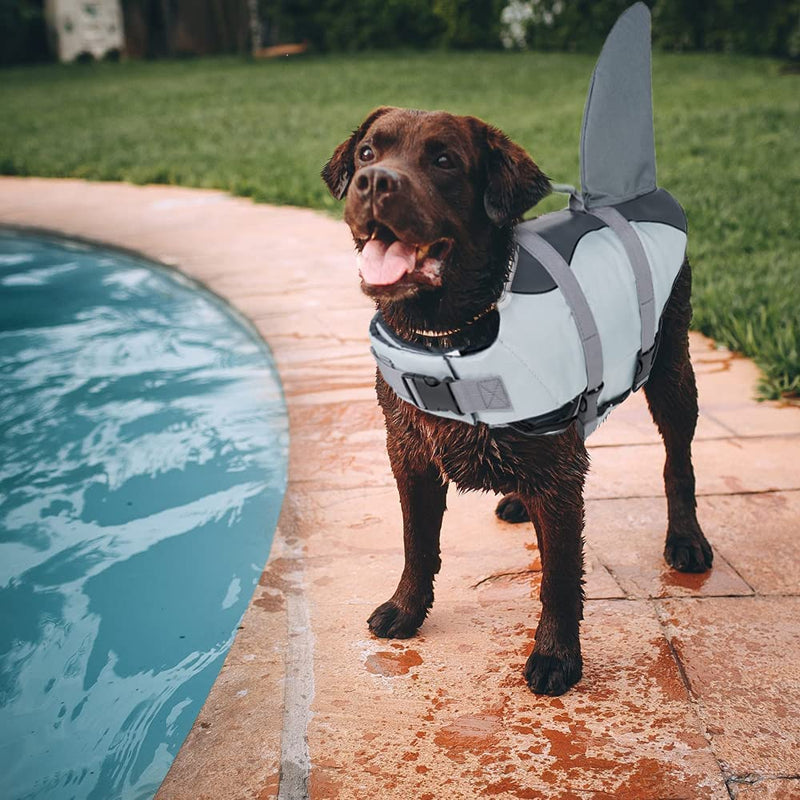 EMUST Dog Life Jacket Shark, Ripstop Dog Lifesaver Vests with Rescue Handle for Small Medium and Large Dogs, Pet Safety Swimsuit Preserver for Swimming Pool Beach Boating XS Grey - PawsPlanet Australia