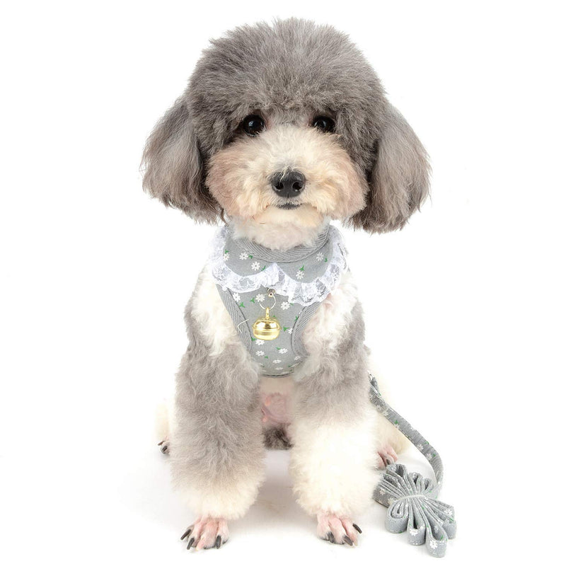 SMALLLEE_LUCKY_STORE Lace Trim Collar Bell Girls Small Dog Vest Harness and Leash Set for Walking Escape Proof Kitten Cat Harness No Pull Soft Mesh Padded Adjustble Puppy Summer Clothes S(chest 9.5-14",for 3-7.5 lbs) Grey - PawsPlanet Australia