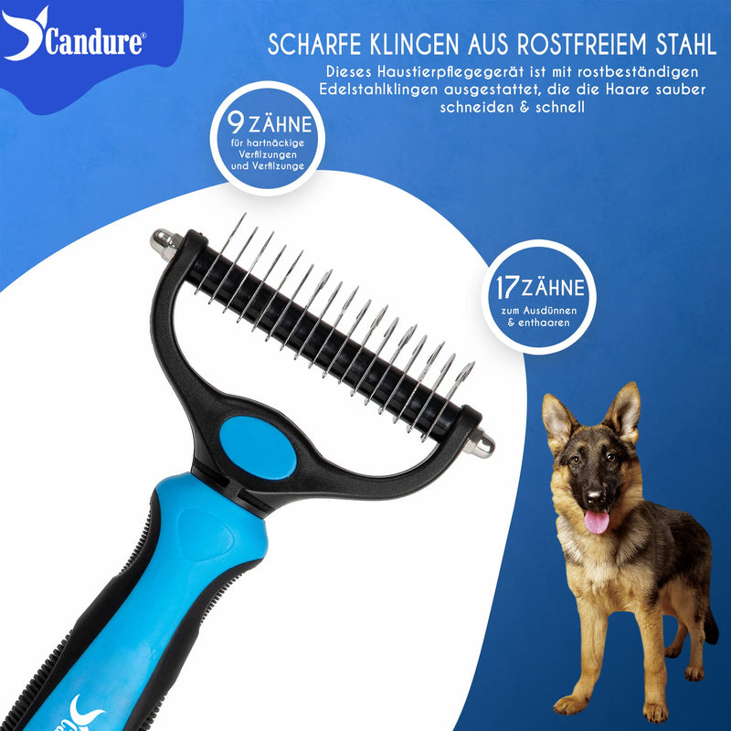 Candure Dog Brush Long Hair and Cat Brush Double Sided 9+17 Stainless Steel Undercoat for Small and Large Dogs, Removing Detangling Knots and Short Hair Breeds (Blue) Blue - PawsPlanet Australia