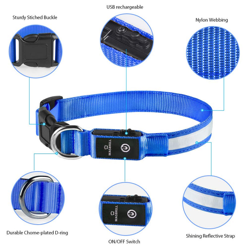 MASBRILL Dog Collar Luminous USB Rechargeable Waterproof LED Light Collar for Small Medium Large Dogs Adjustable Safety Dog Collar with 3 Lighting Modes - Blue - MM(38-50cm/15-19.7inch) Blue(TC5200) - PawsPlanet Australia