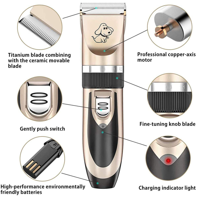 Maxshop Dog Grooming Kit, Low Noise Rechargeable Dogs Shaver Clippers Electric Quiet Dog Hair Trimmer for Dogs and Cats with Comb Guides Scissors Nail Kits (Gold-1) 1_gold - PawsPlanet Australia