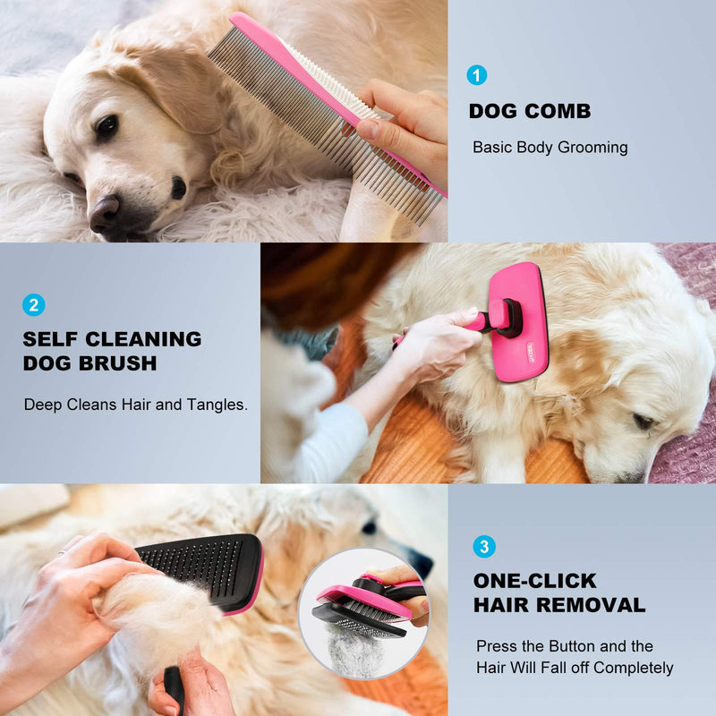 Cat Dog Grooming Brush Pet Comb Kit，Self Cleaning Slicker Dog Hair Brush For Shedding Pet Grooming Brush And Pet Comb For Long Short Hair - Removes Tangles Loose Hair And Undercoat Treatment self brush+comb - PawsPlanet Australia