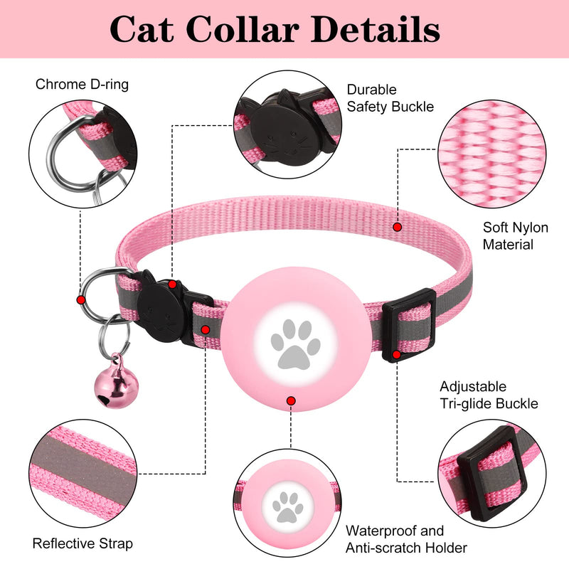 Airtag Cat Collar, Reflective Kitten Collar with Waterproof Airtag Holder, Adjustable Air Tag Cat Collar with Breakaway Safety Buckle and Bell for Cat Dog Kitten Puppy Pink - PawsPlanet Australia