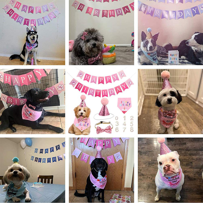 falllea Set of 5 Dog Birthday Bandana Hat Banner Triangle Scarfs Birthday Party Supplies for Small Medium Dogs Cats Costumes Headwear(Pink) Pink - PawsPlanet Australia