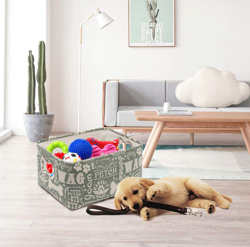 Geyecete Dog Toys Storage Bins Canvas printing pet Baskets,with Designed Metal Bone-shaped Handle,Pet Toy and Accessory Storage Bin-Green Green - PawsPlanet Australia