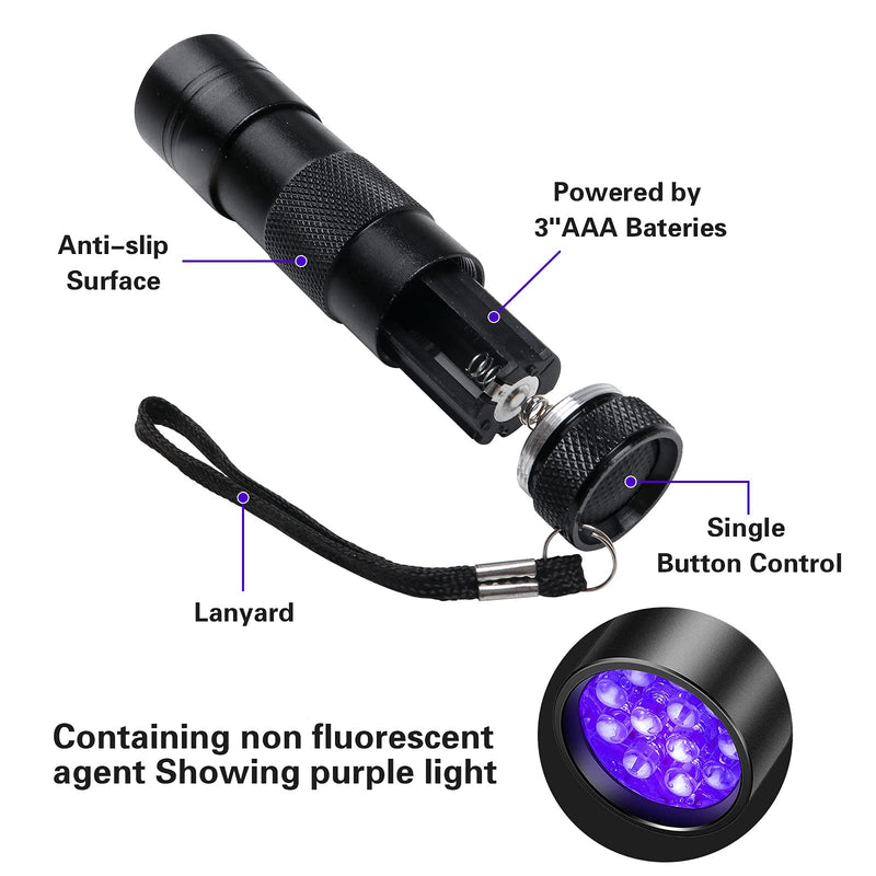 2 Pack UV Flashlight, COSOOS 12 LED Handheld Blacklight Flashlight 395nm Mini Light Torch Detector for Dog Pet Urine Stains, Bed Bugs and Scorpions. (Batteries not Included) - PawsPlanet Australia