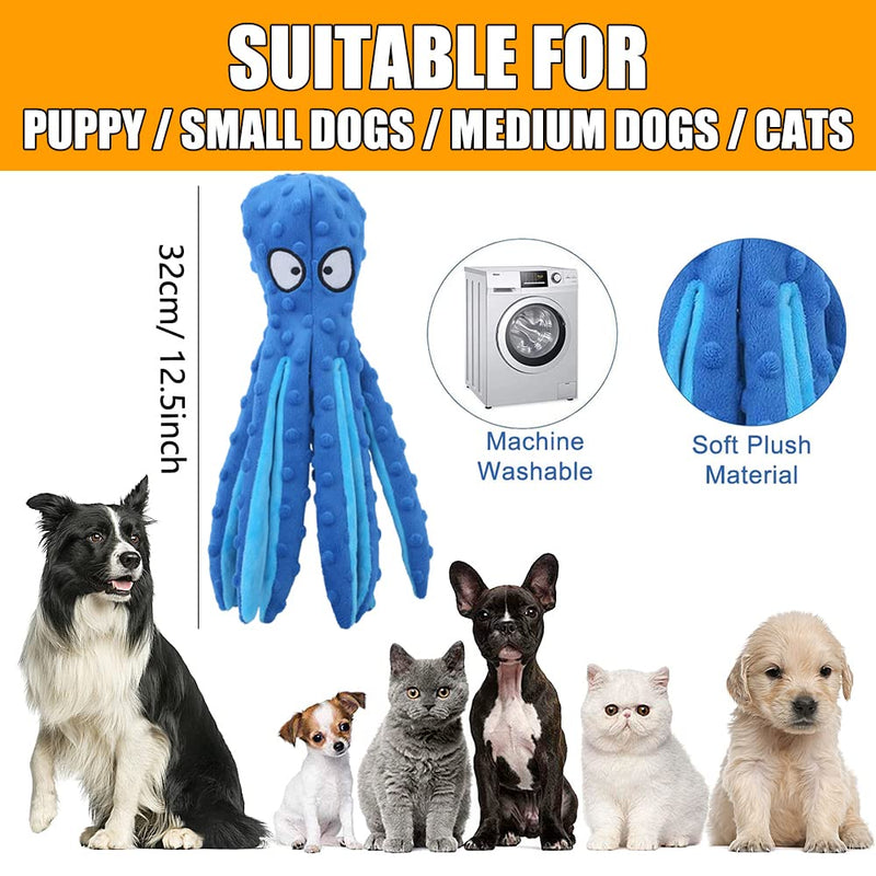 Squeaky Dog Soft Toy, No Stuffed Octopus Dog Chew Toy with Crinkle Paper Plush Dog Teeth Cleaning Toy for Medium Large Dog (Blue) - PawsPlanet Australia