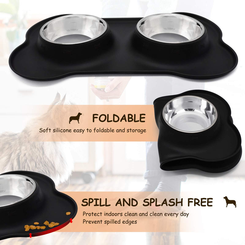 yoka Dog Bowls Non Slip Stainless Steel Double Bowl with Non-Spill Silicone Mats Tray for Cats Dogs Puppies Food Water Feeding (14oz /400ml Each Bowl, Black) - PawsPlanet Australia