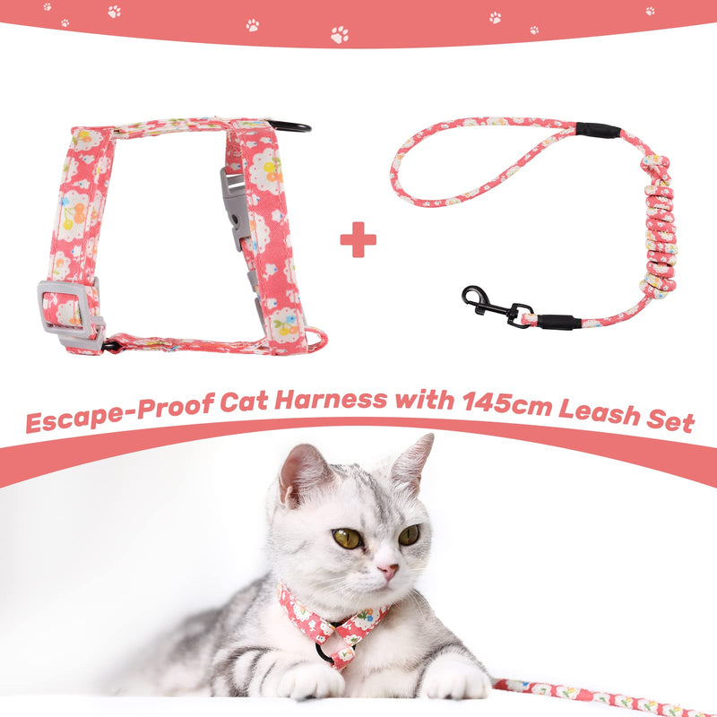 PETTOM floral pattern cat harness with leash cat leash with harness for cats with round lanyard escape-proof adjustable chest strap suitable for small and medium cats M pink - PawsPlanet Australia