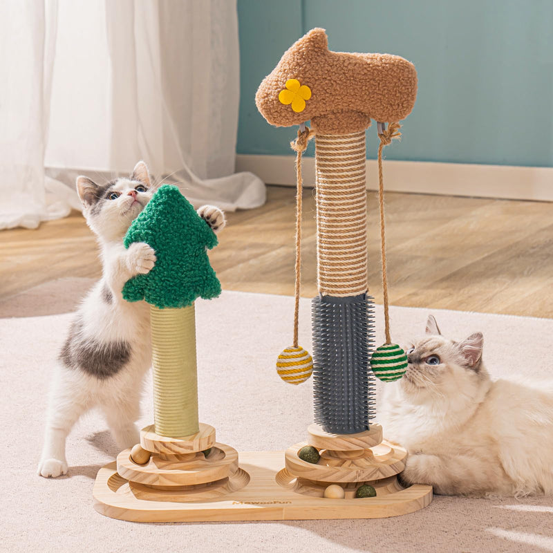 MEWOOFUN 3-in-1 Cat Toy Kitten Toy Made of Wood - Double Scratching Post Interactive Cat Toy Roller 2-Layer Turntable Kitten Toy with Hanging Ball Toy Cat 40 x 57 cm - PawsPlanet Australia