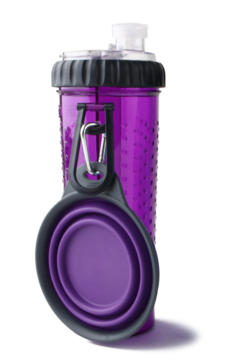 Dexas Popware for Pets Snack Duo Dual Chambered Hydration Bottle and Snack Container with Collapsible Pet Cup, Purple - PawsPlanet Australia