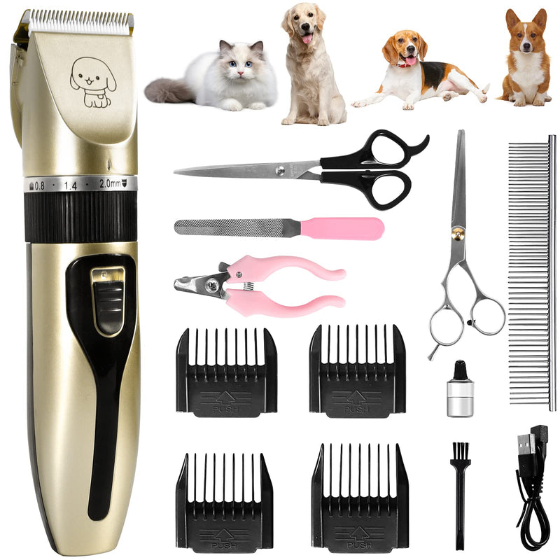 AOUVT Professional Clipper, 13 Piece Pet Grooming Set, Removable, Washable Ceramic Head, Rechargeable Pet Trimmer, Low Noise Pet Trimmer for Cats and Dogs Gold - PawsPlanet Australia