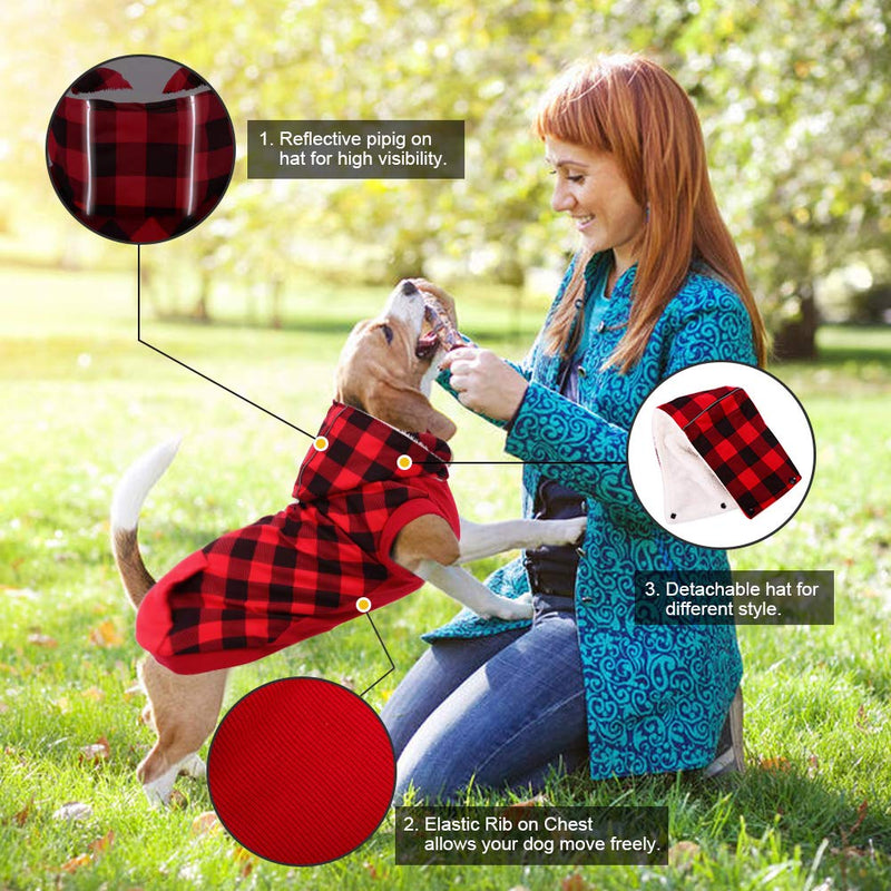 Kuoser British Style Plaid Dog Winter Coat, Windproof Cozy Cold Weather Dog Coat Fleece Lining Dog Apparel Reflective Dog Jacket Dog Vest for Small Medium Dogs with Removable Hat（XXS-L） XXS(Chest:12.2",Body: 8.7") Red - PawsPlanet Australia