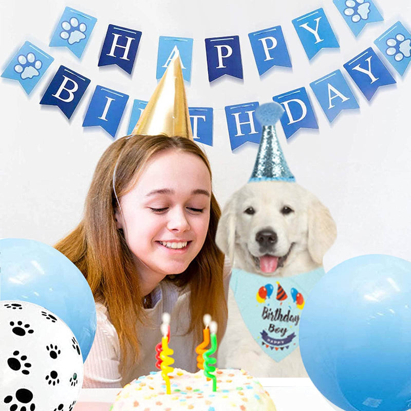 Dog Birthday Party Supplies,Dog Birthday Bandana Hat Set,Bandana, Happy Birthday Banner,Triangle Scarf,12 Inch Paw Print Balloon,Cute Bowtie for Pet Boy/Girl, Party Accessories (blue) blue - PawsPlanet Australia