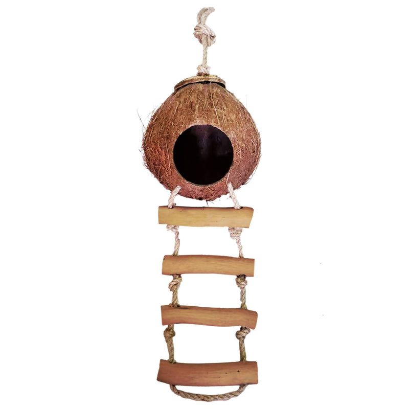 Meric Bird House with Ladder, Coco Texture Encourage Foot and Beak Exercise, Mini Condo for Avians, 100% Raw Coconut Husk - Durable Habitat with Hanging Loop Nesting Home and Bird Feeder - PawsPlanet Australia