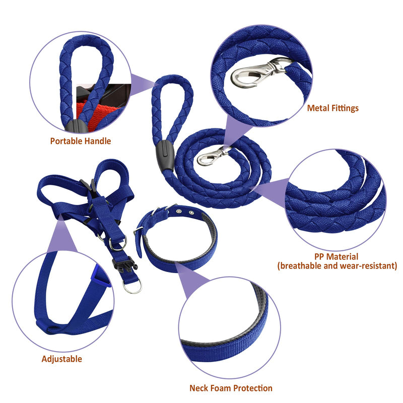 Ousuga Pet Collar Leash Harness Set Padded Soft Breathable Mesh Adjustable Nylon Pull Rope Long Lead Heavy Duty Training Set 3 Pack For Small Medium Large Dog Puppy（Blue） S Blue - PawsPlanet Australia